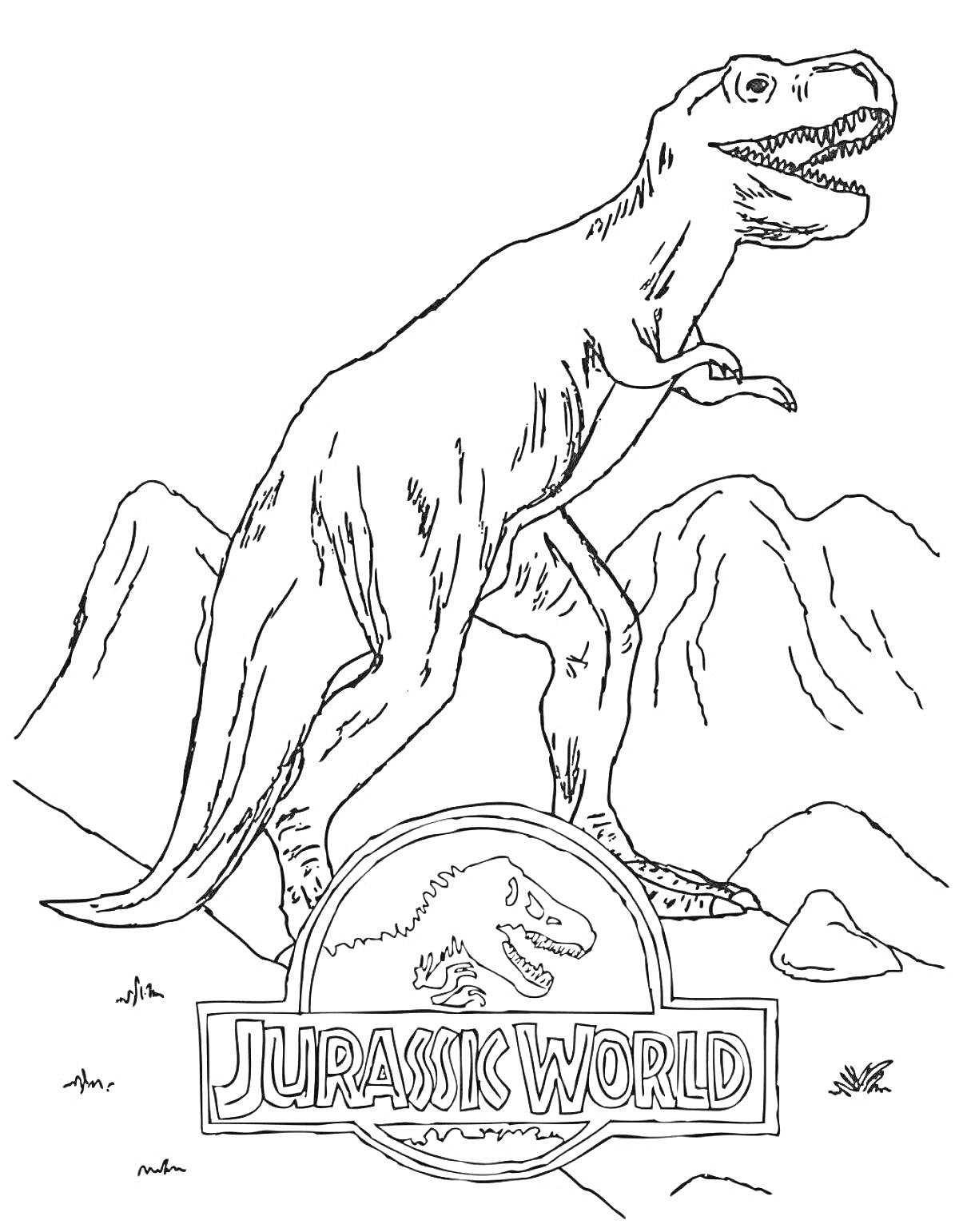 На раскраске изображено: Динозавр, Тираннозавр Рекс, Горы, Фильм, Природа, Доисторическая эпоха, Логотипы
