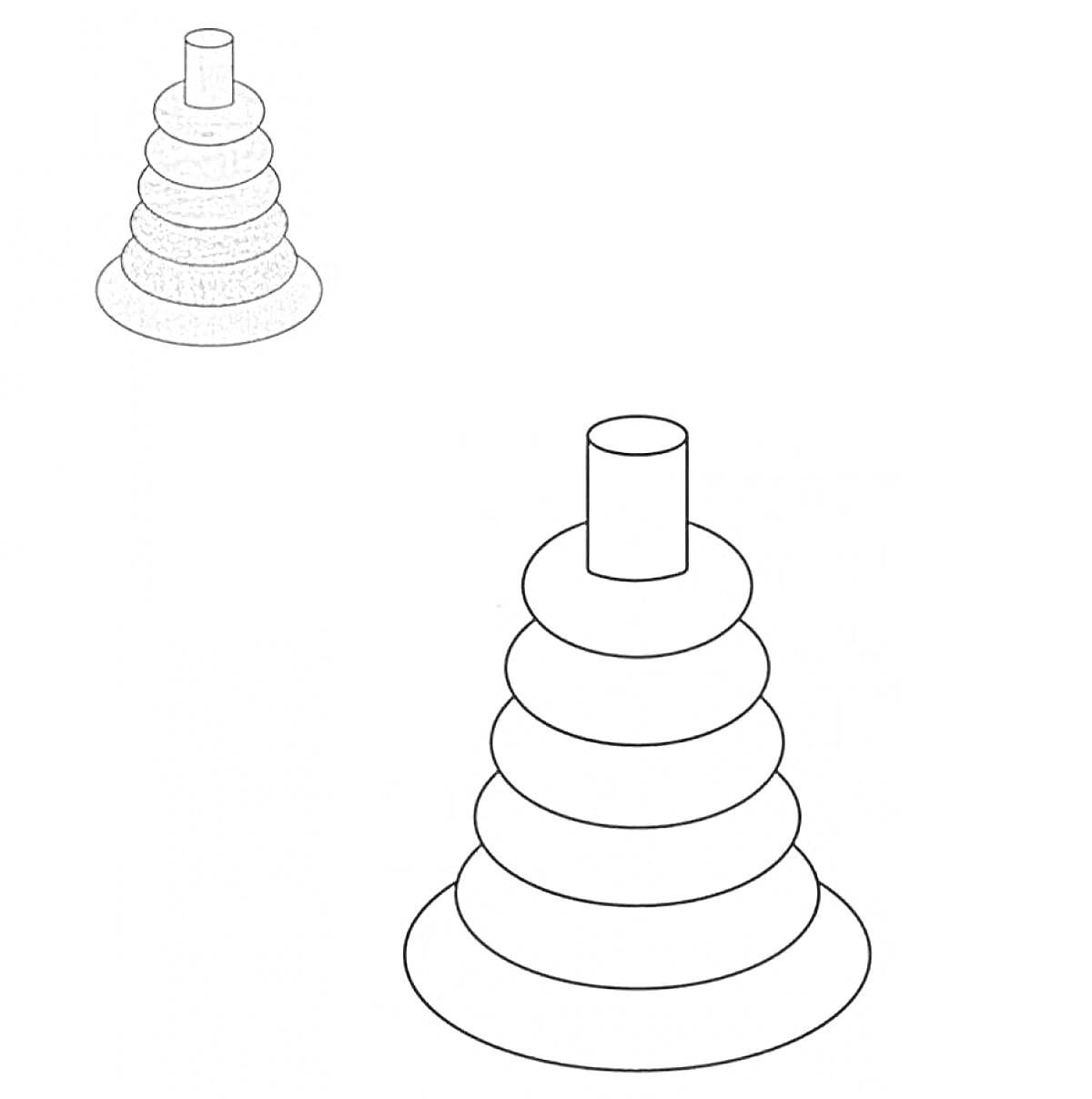 Раскраска Раскраска пирамидка из колец с шестью кольцами на стержне