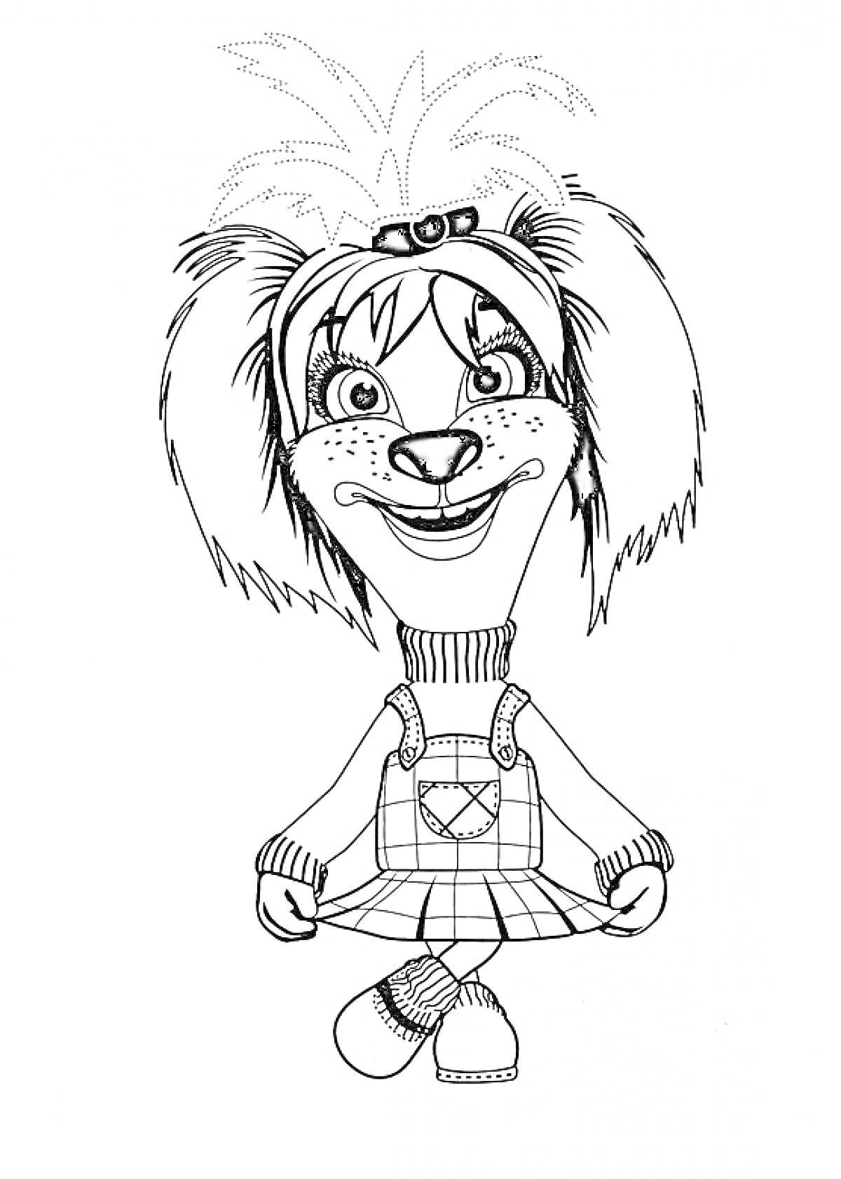 Раскраска Девочка-собака с бантом, в свитере и платье с сердечком