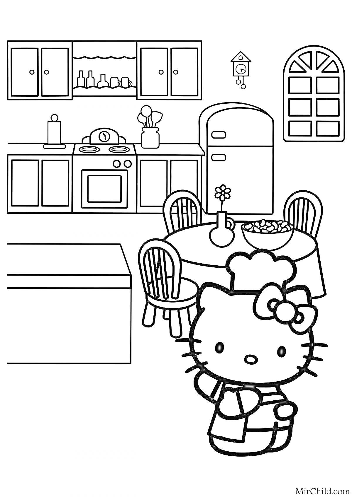 На раскраске изображено: Hello Kitty, Кухня, Стол, Холодильник, Духовка, Раковина, Окна, Еда, Посуда, Кухонная утварь, Цветы, Стул, Шкаф