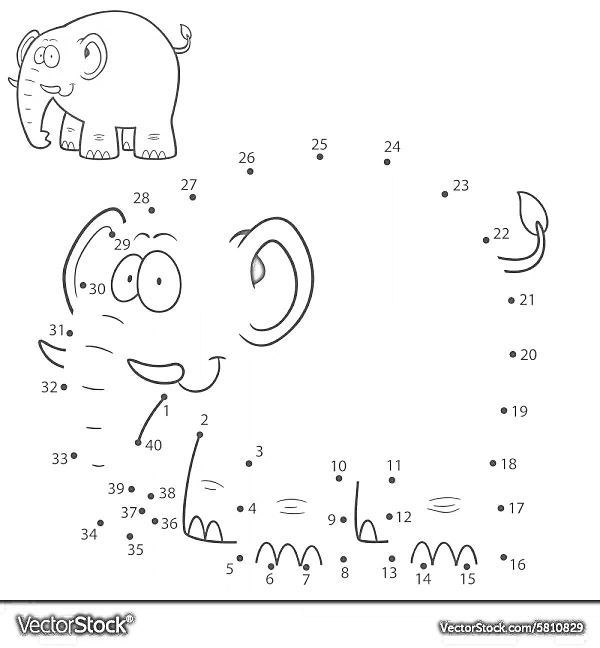Раскраска Цветной слоненок и игра соединения точек для рисования слона