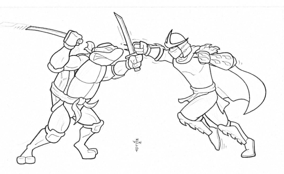 Раскраска Битва Черепашки-ниндзя с супер Шредером