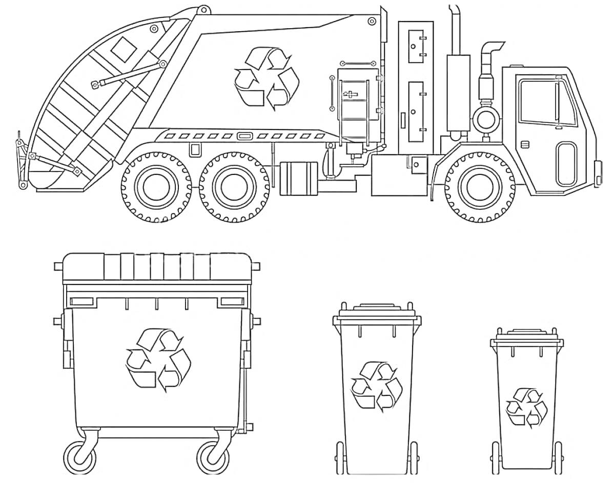 На раскраске изображено: Мусоровоз, Транспорт, Переработка, Контурные рисунки, Экология