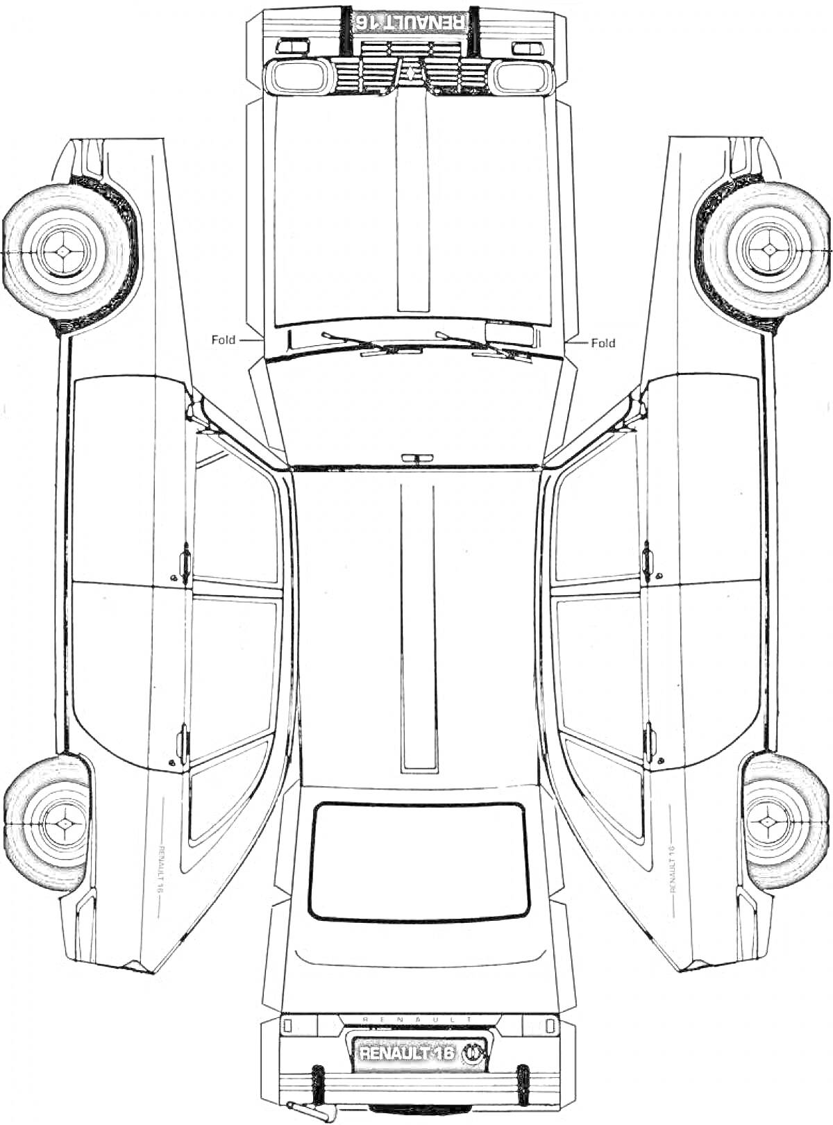 Раскраска - схема сборки из бумаги автомобиля Renault 16 с видимыми верхней, передней, задней и боковыми частями, включая колёса, двери, окна и фары.