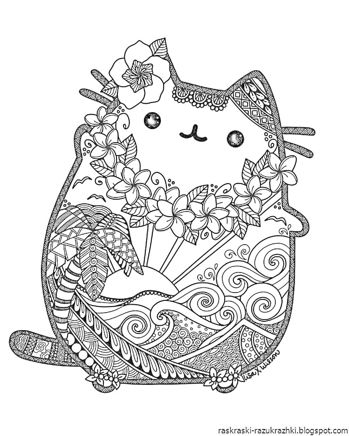 Раскраска Котик с венком из цветов на шее, пальма, волны, узоры