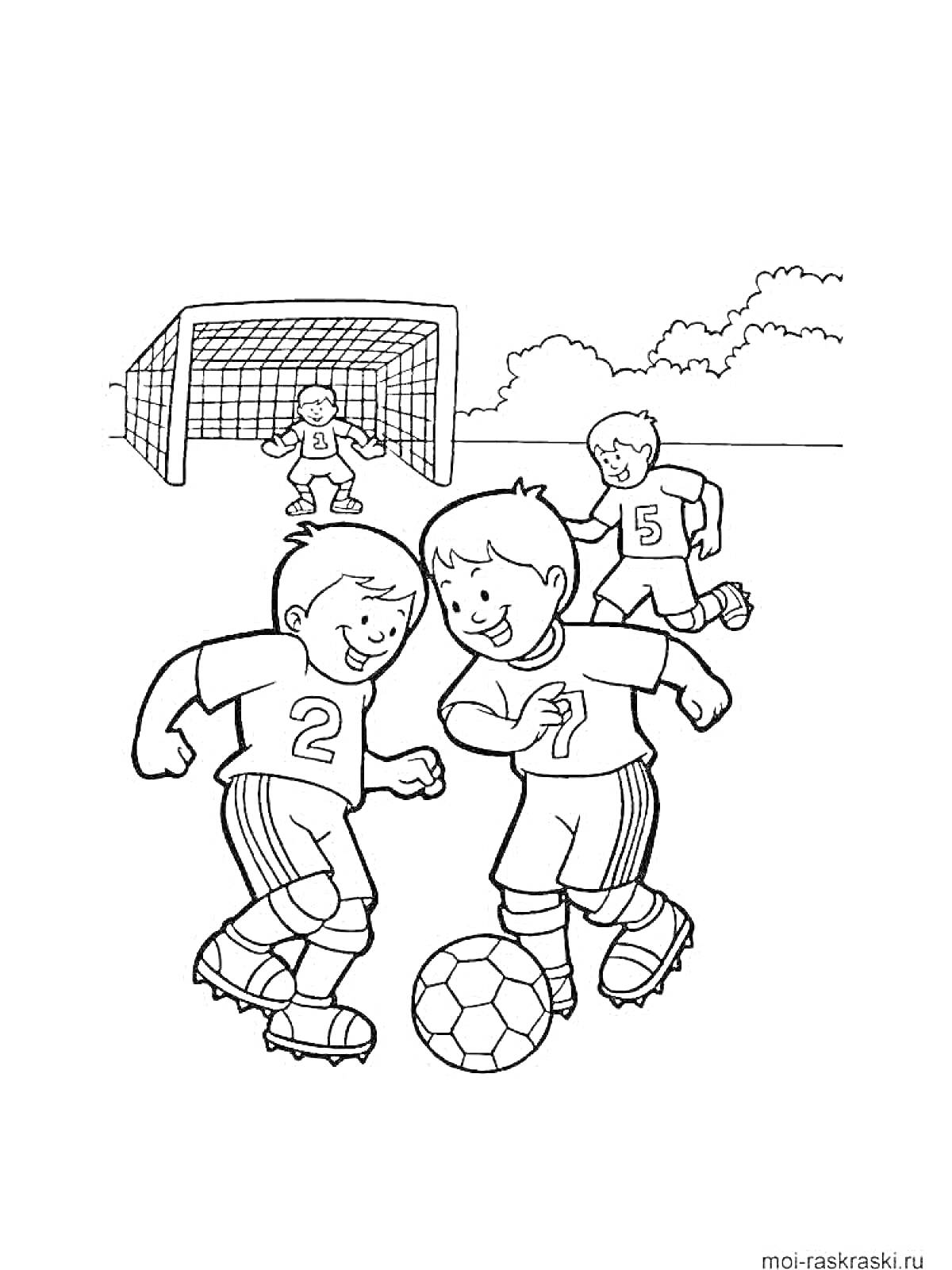 Раскраска Дети играют в футбол перед воротами