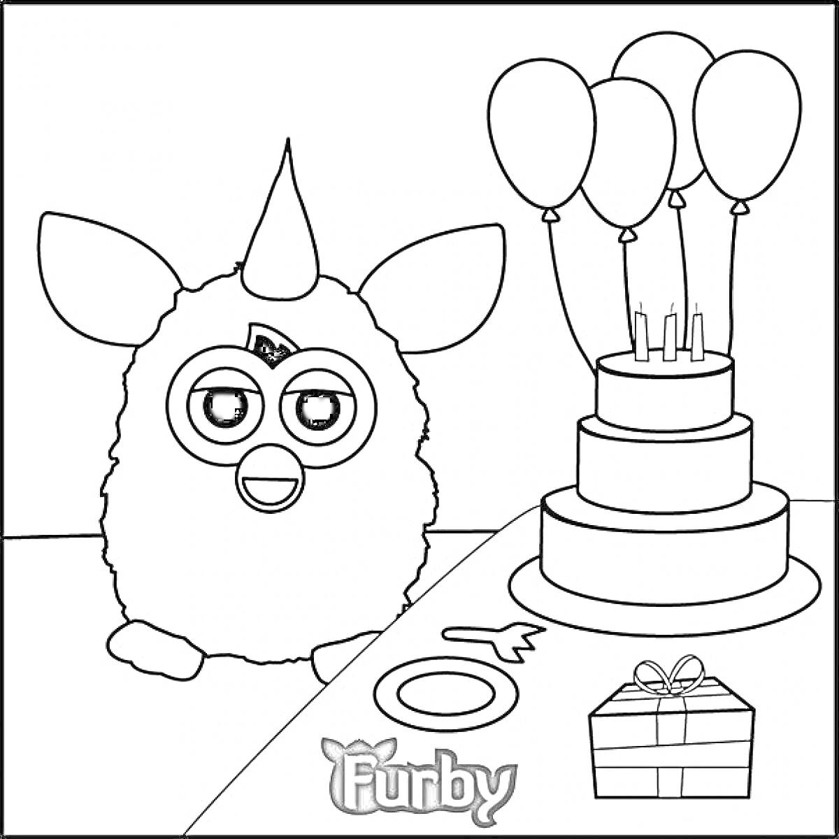 На раскраске изображено: Торт, Свечи, Воздушные шары, Свисток, Вечеринка, День рождения, Подарки, Игрушки, Праздники, Ферби Бум