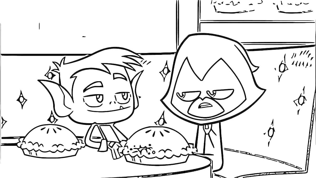 Раскраска Два персонажа, сидящие за столом с двумя пирогами, один имеет заостренные уши и улыбается, другой смотрит прямо с озадаченным выражением лица.