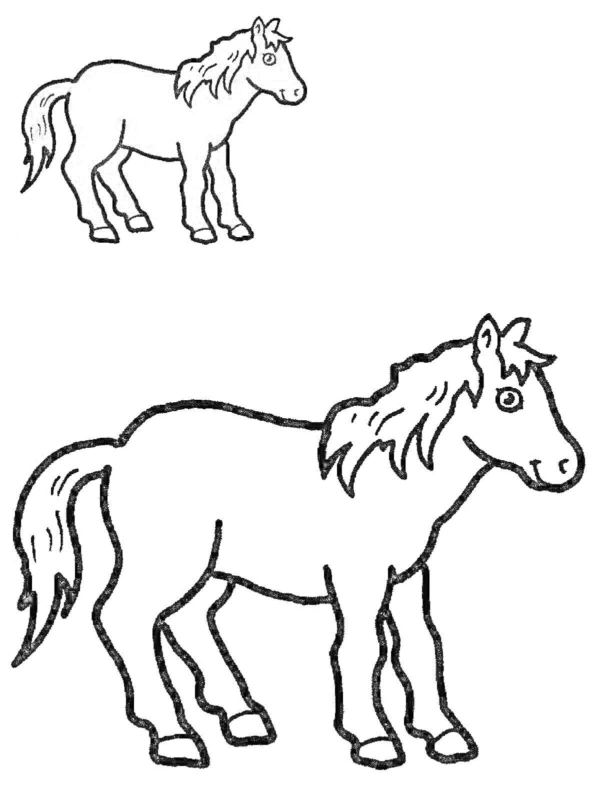 Раскраска Пони. Окрашенный пони и контур для раскрашивания