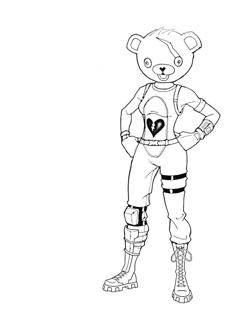 Персонаж в костюме медведя с сердцем на груди, одна рука на поясе, одежда с ремнями и защитной повязкой на ноге, высокие ботинки на шнуровке.