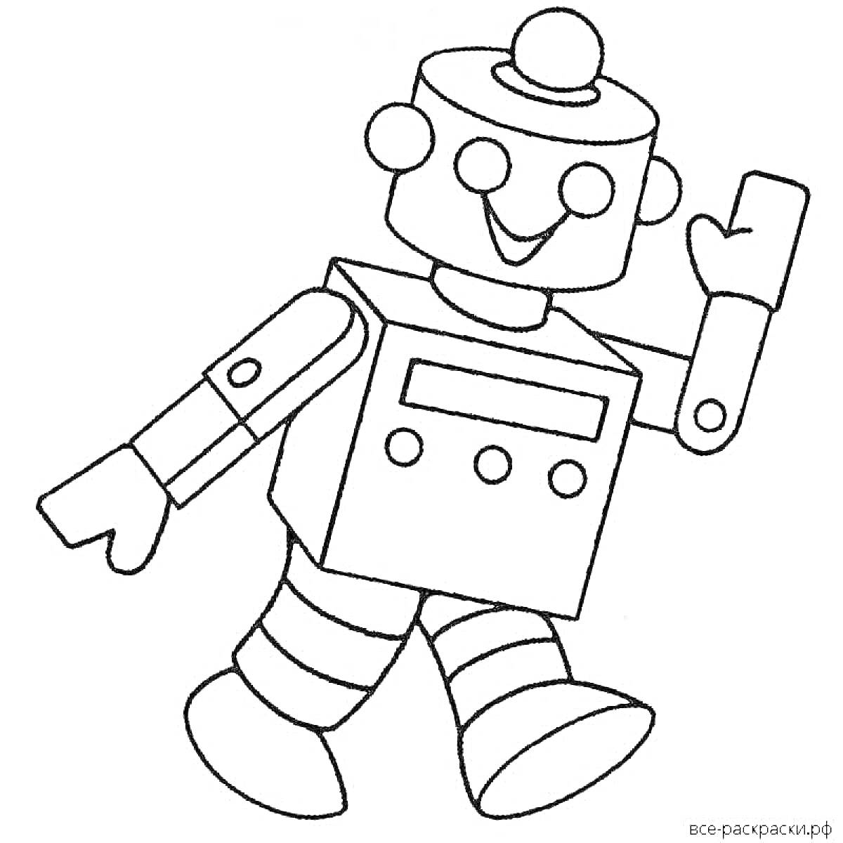 Раскраска Робот с круглыми глазами, ротиком, антеннкой на голове, двумя руками, двумя ногами и кнопками на корпусе