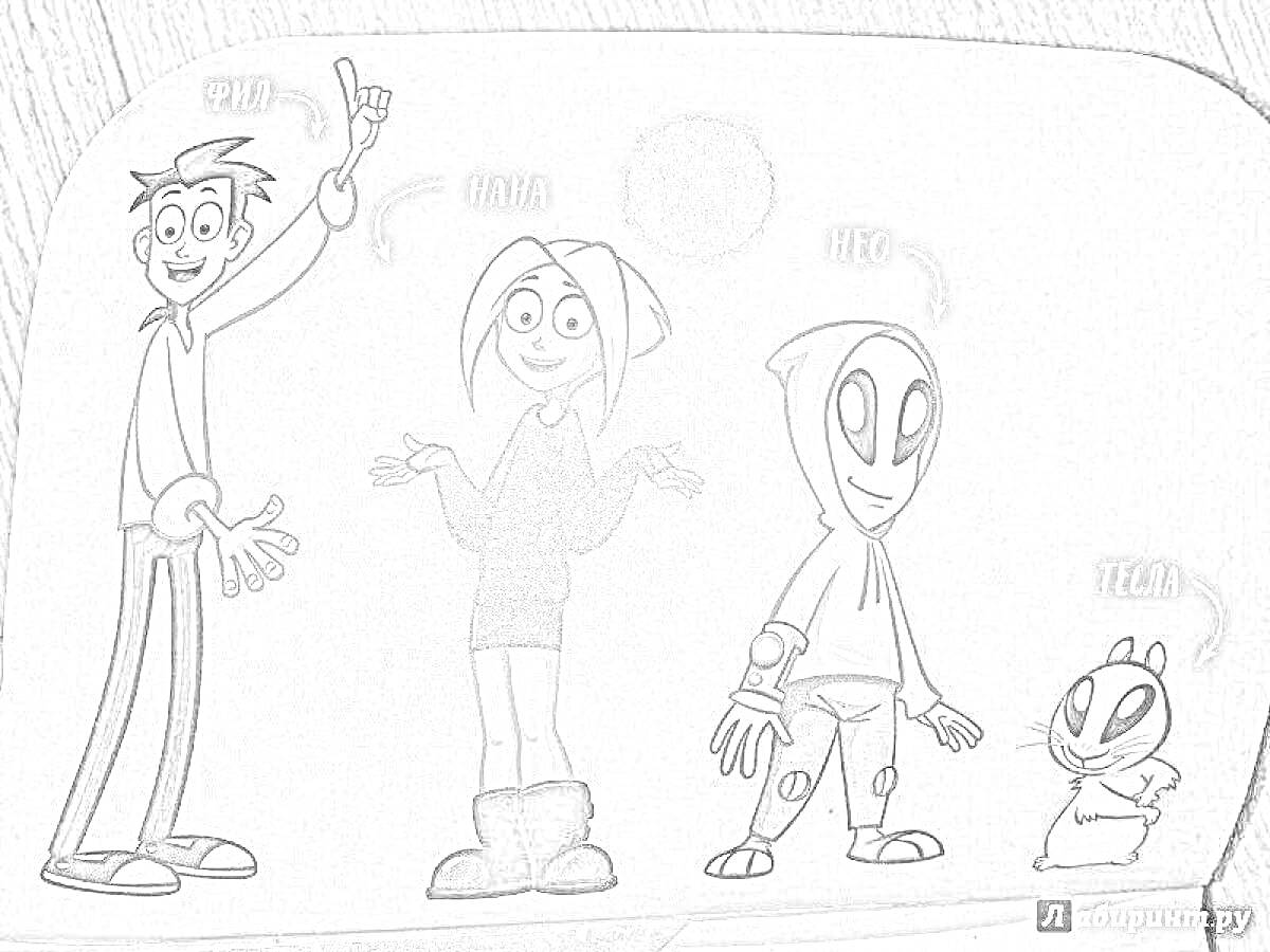 Раскраска Фрэн, Нана, Нео и Тесла, с туловищами, головами и разными характерами