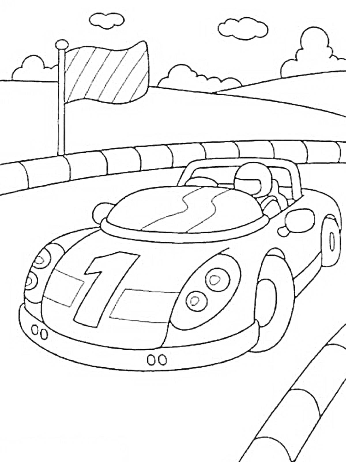 На раскраске изображено: Гоночная машина, Трасса, Флаг, Облака, Для детей, 5 лет, 6 лет, Авто, Цифра 1