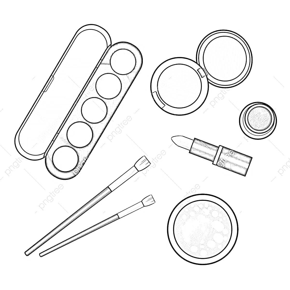 На раскраске изображено: Тени для глаз, Румяна, Помада, Кисти, Макияж, Косметика, Уход за собой