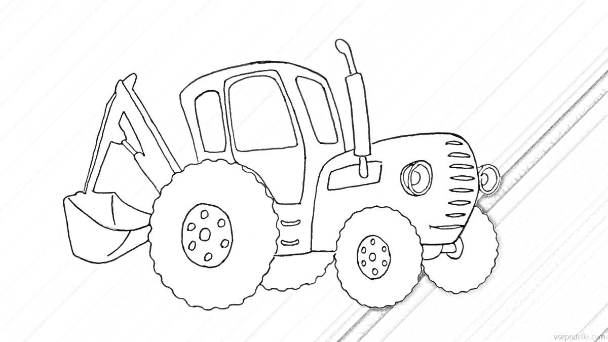 На раскраске изображено: Трактор, Ковш, 2 года, 3 года, Транспорт, Техника, Сельское хозяйство, Для детей