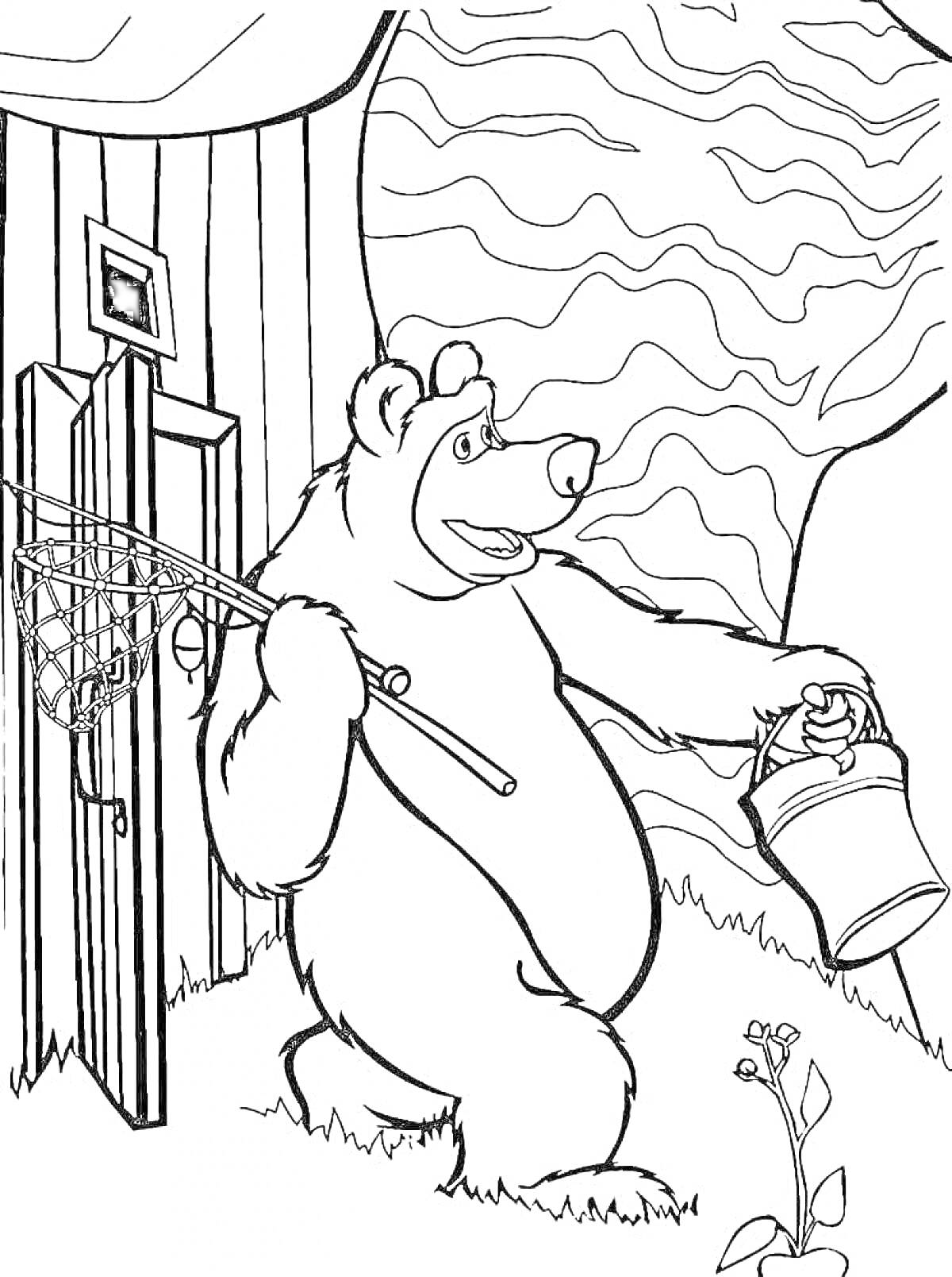 На раскраске изображено: Медведь, Сачок, Домик, Холмы, Мультипликация, Растения, Ведёрко, Дверь