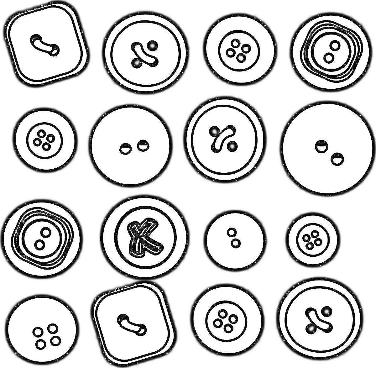 РаскраскаРазнообразные пуговицы в виде кружков и квадратов с двумя, тремя и четырьмя дырками.