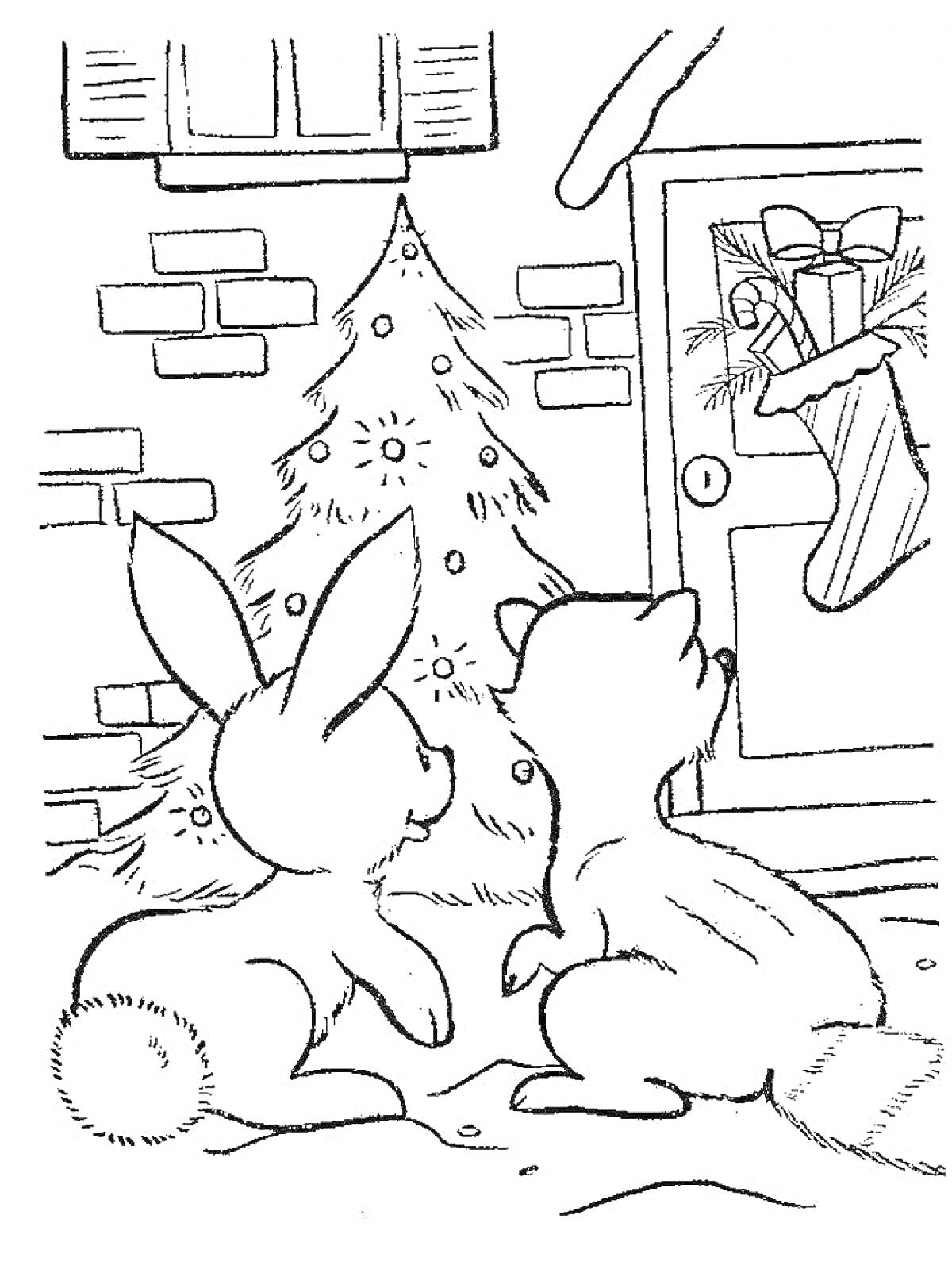 На раскраске изображено: Заяц, Лиса, Новогодняя ёлка, Рождественская елка, Украшения, Праздники, Дверь, Подарки, Снег, Зима