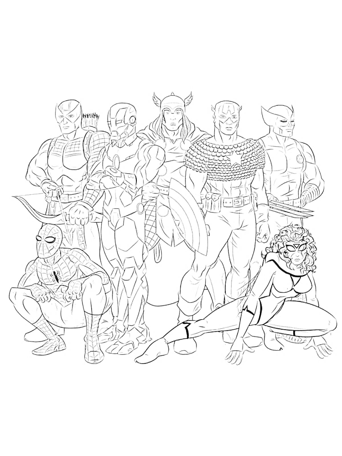 Герои Марвел: восемь персонажей, включая Человека-Паука, Железного человека, Тора, Капитана Америку и Росомаху, стоящих и сидящих в различных позах