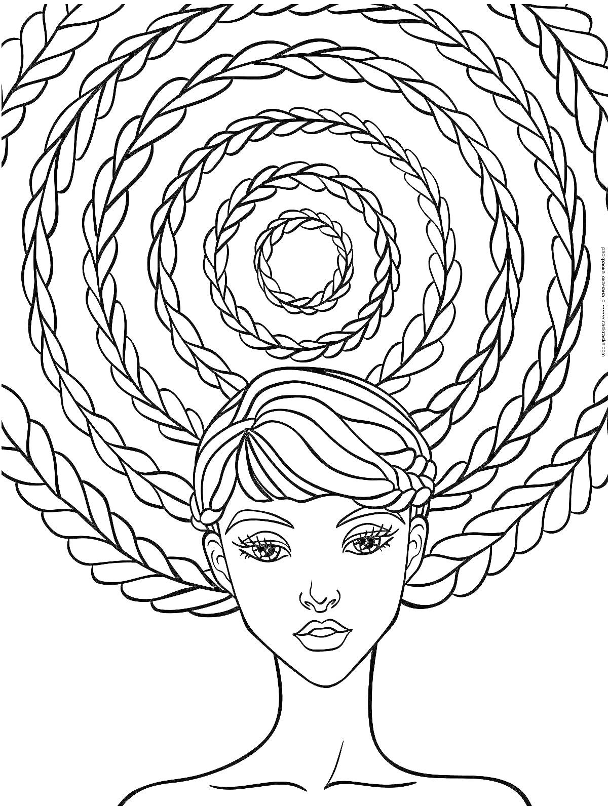 Раскраска Девочка с косичками и круговыми узорами из косичек