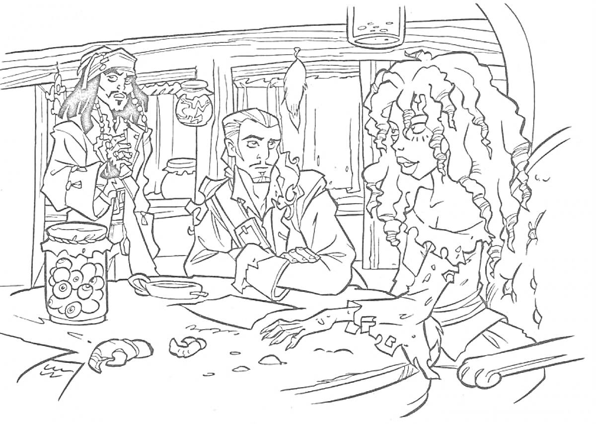 Пираты Карибского моря - три персонажа за столом с картой и предметами в интерьере корабля, в банке черепа, иллюминатор на заднем плане