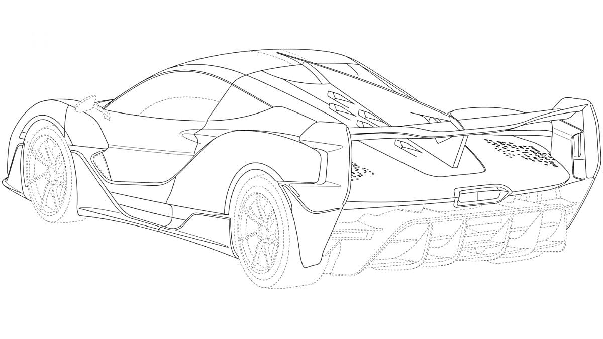 Раскраска Макларен с аэродинамическими элементами, вид сзади, футуристический дизайн, спорткар
