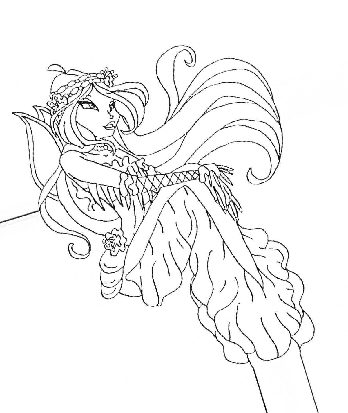 Раскраска Русалка в длинном платье с цветочным венком на голове и распущенными волосами