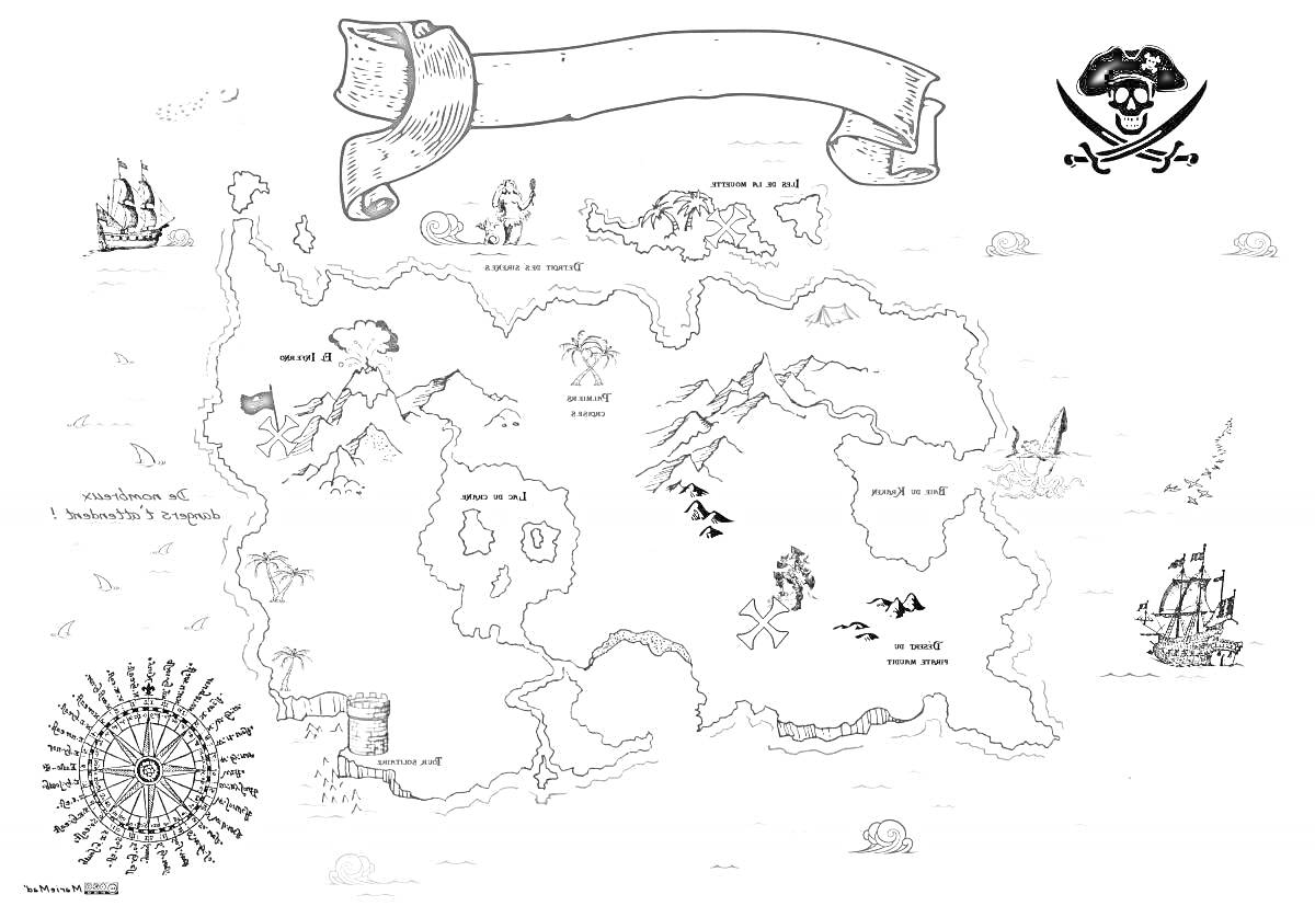 На раскраске изображено: Пиратская карта, Сундук с сокровищами, Пиратский флаг, Горы, Компас, Свиток, Море, Приключения