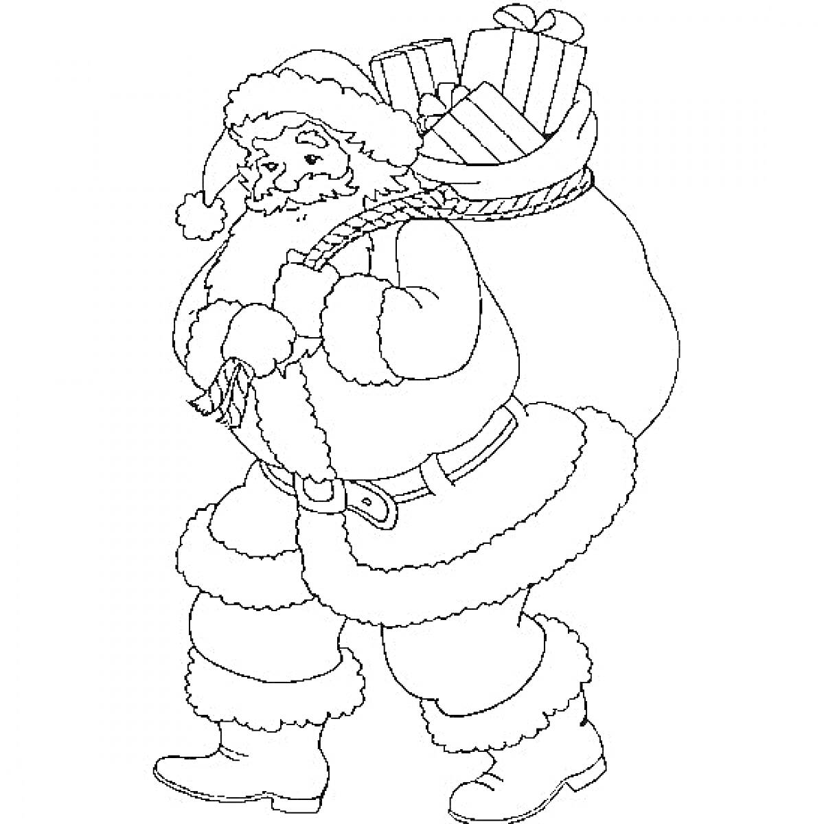 На раскраске изображено: Санта Клаус, Подарки, Рождество, Борода, Новогодняя шапка, Сапоги, Мешки, Новый год