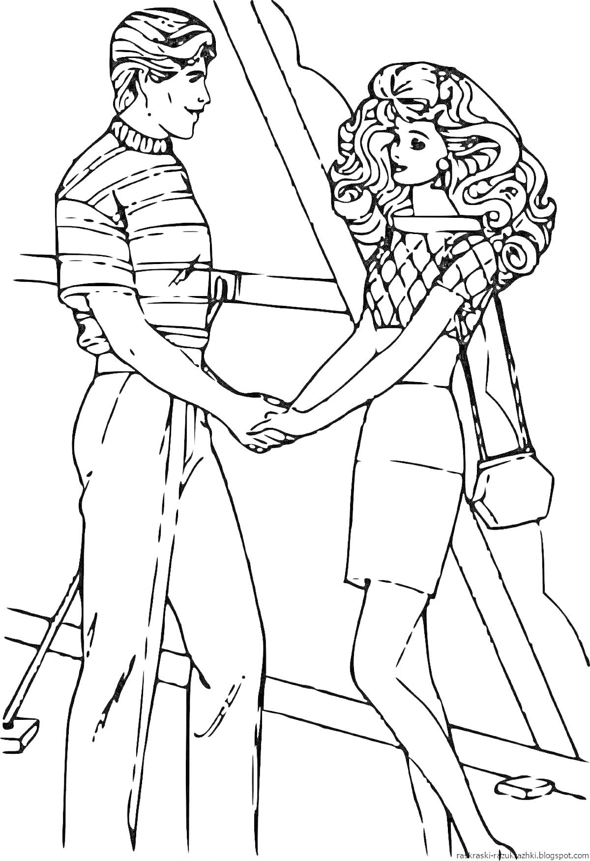 На раскраске изображено: Барби, Кен, Для девочек, Держатся за руки, Длинные волосы, Сумка