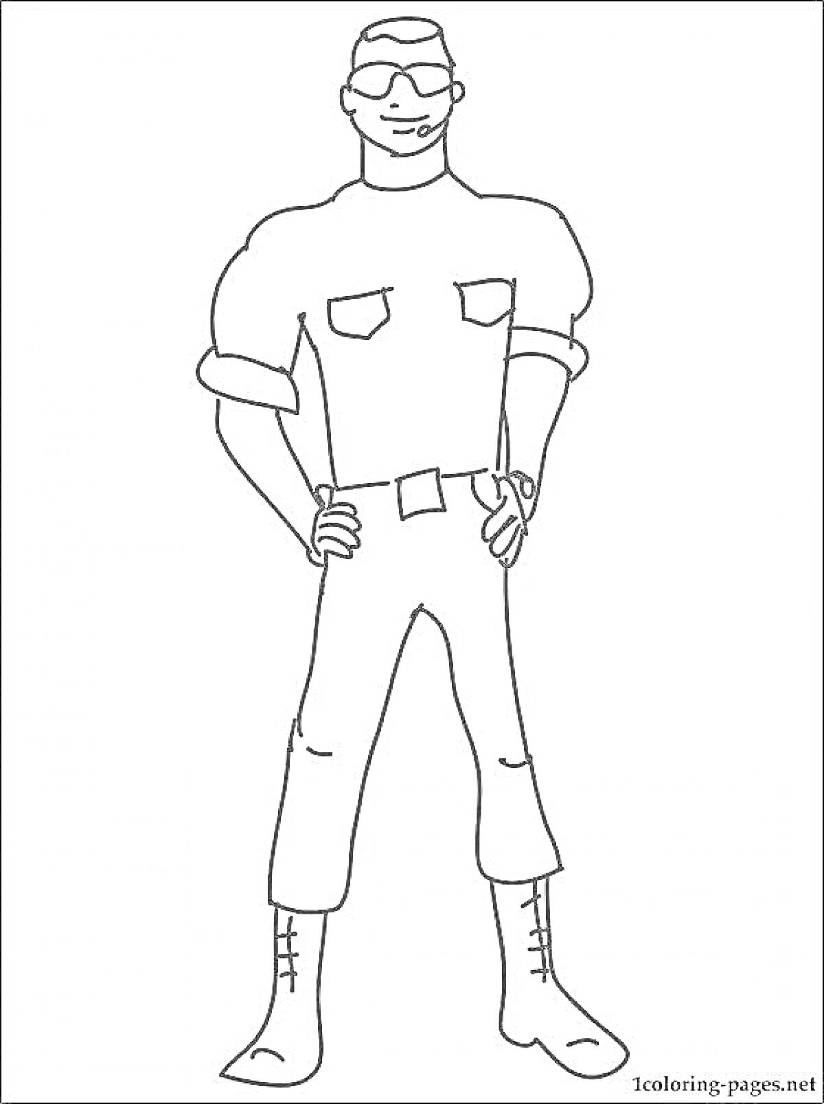 Раскраска Охранник в форме с карманами, ремнем, ботинками, и очками