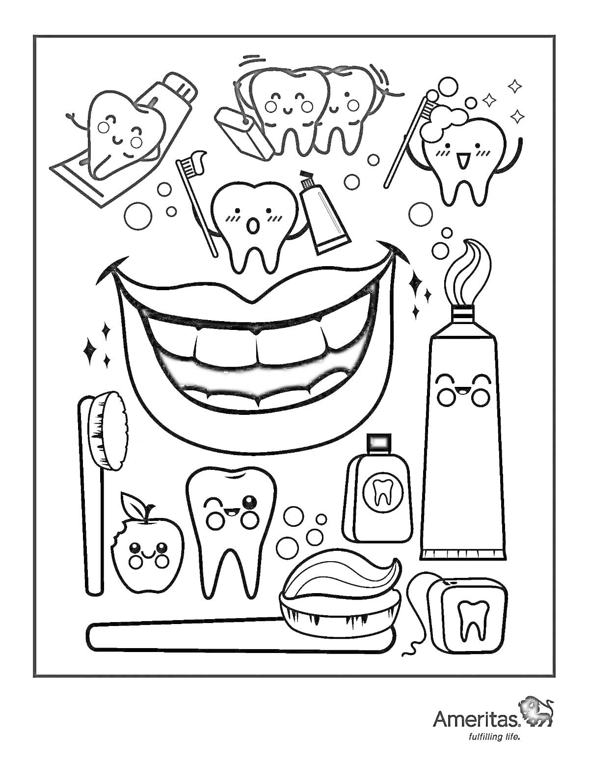 На раскраске изображено: Зубы, Чистка зубов, Зубная щетка, Зубная паста, Гигиена, Улыбка
