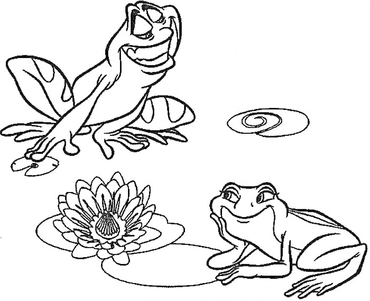 На раскраске изображено: Лягушки, Пруд, Природа, Контурное изображение