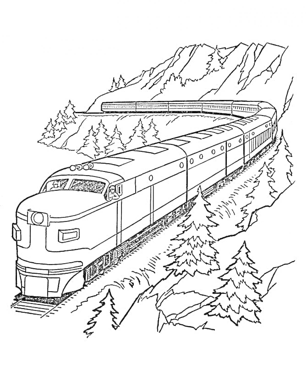 Раскраска Поезд, едущий по извилистой железной дороге через лес и горы
