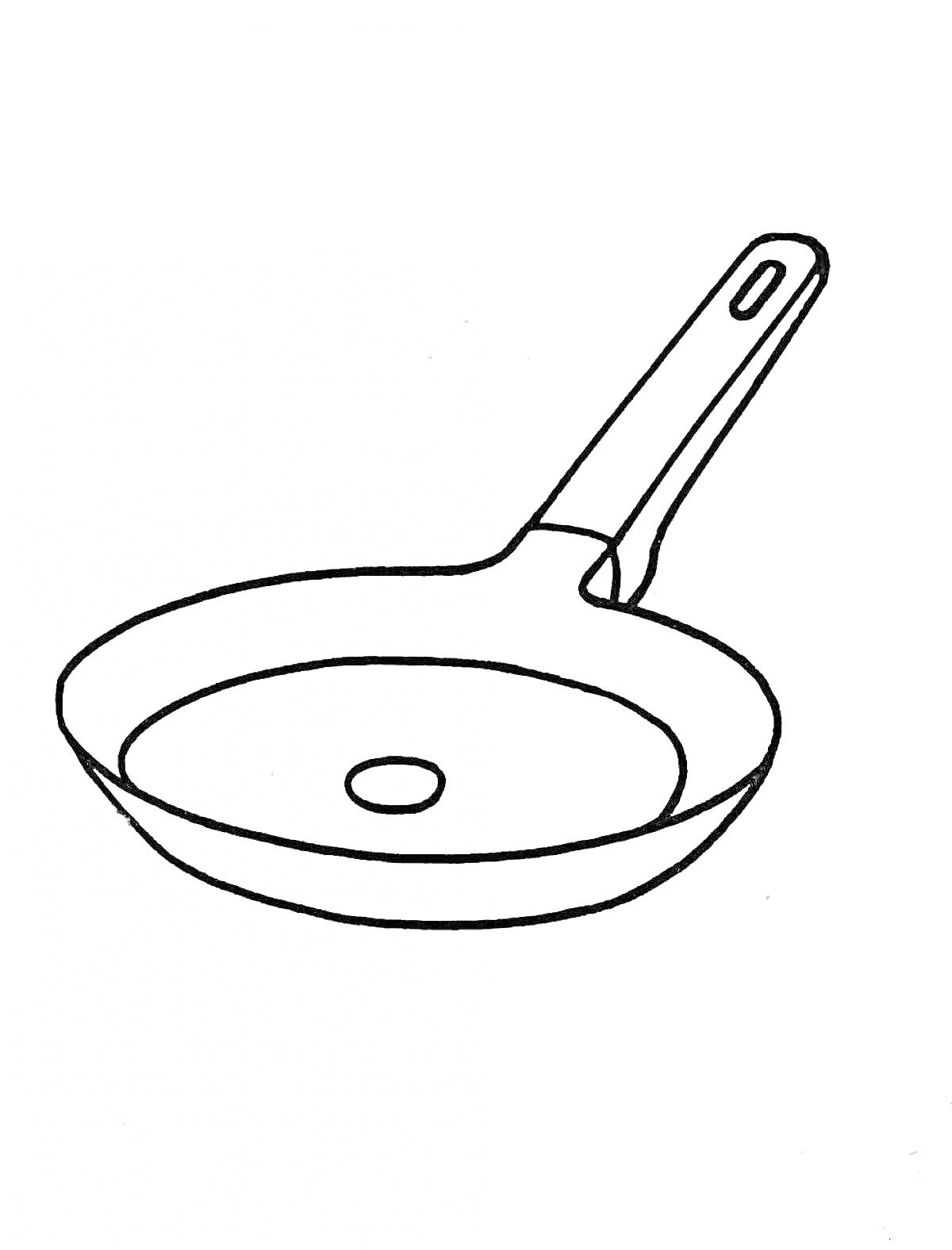 На раскраске изображено: Сковорода, Посуда, Ручка, Кухня, Готовка, Кухонные принадлежности