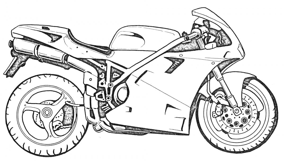 На раскраске изображено: Мотоцикл, Спортивный мотоцикл, Деталь, Колёса, Рама, Для мальчиков
