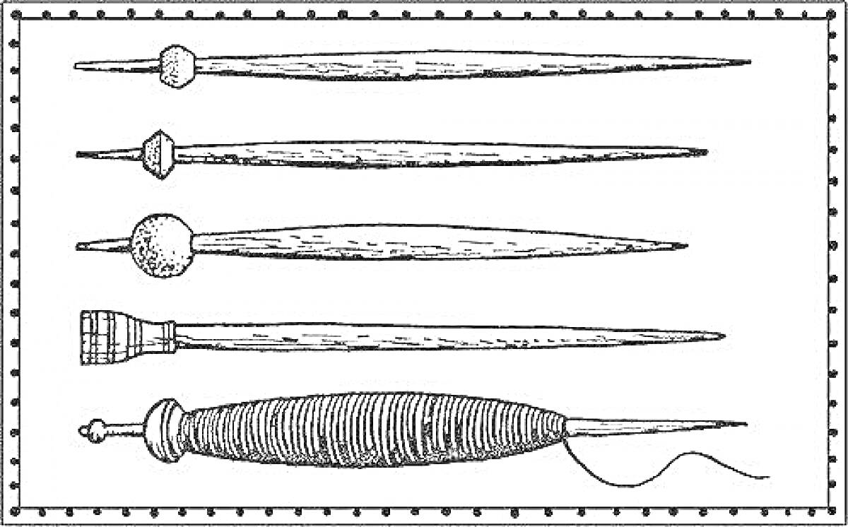 Раскраска Виды веретен - пять веретен разной формы и с различными головками, одно из которых с намотанной нитью