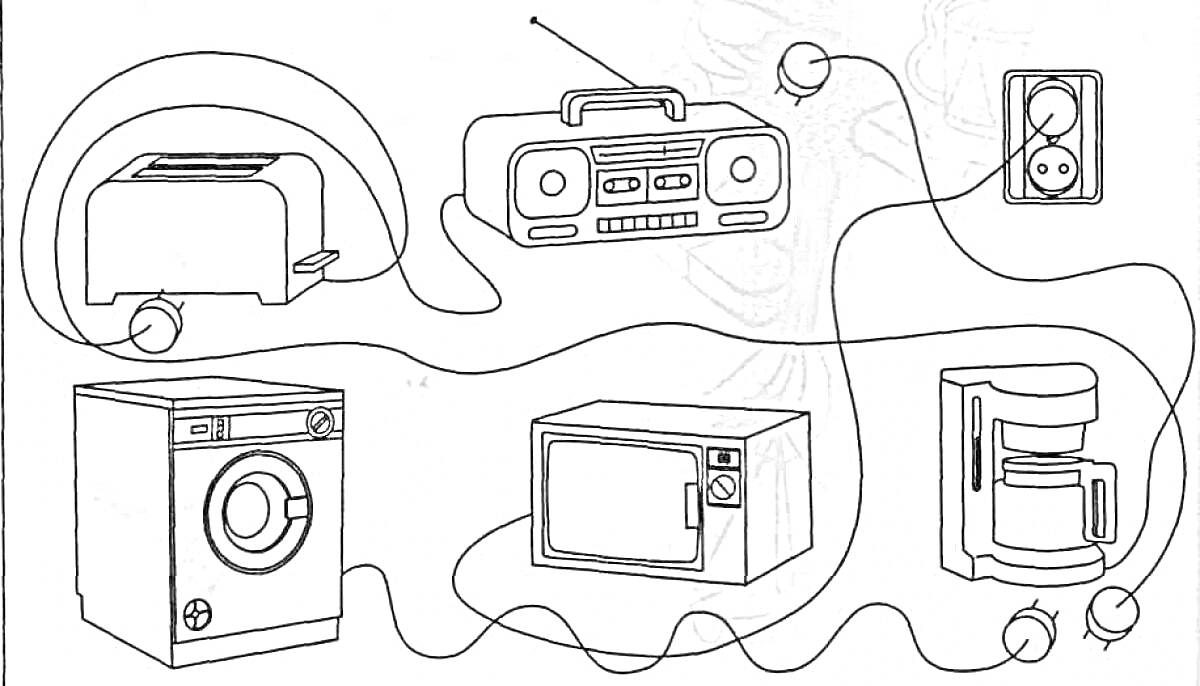 Раскраска Тостер, радиомагнитофон, электрическая розетка, стиральная машина, микроволновая печь, кофеварка.