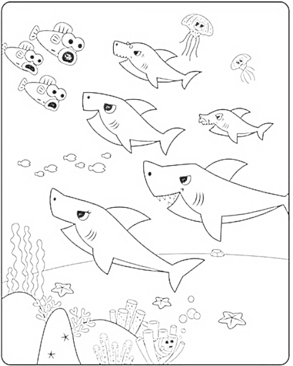 На раскраске изображено: Акулы, Морские звезды, Кораллы, Подводный мир, Медуза, Рыба, Пузыри