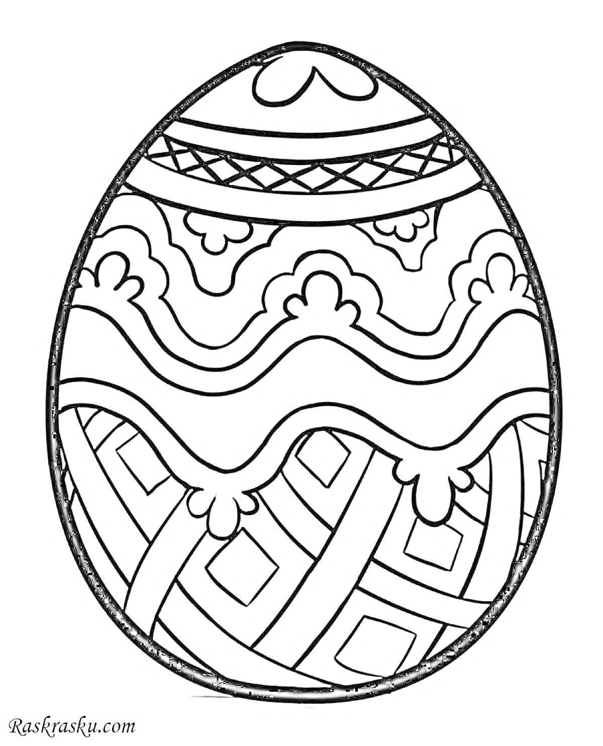 Раскраска Пасхальное яйцо с узорами в виде лент, волн и геометрических фигур