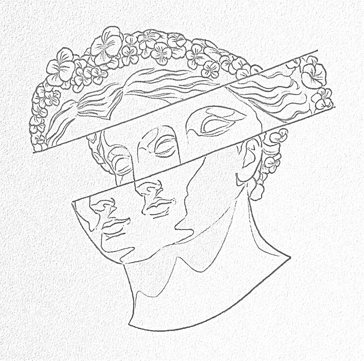 Раскраска Античная голова с венком из цветов, разрезанная на три горизонтальные части