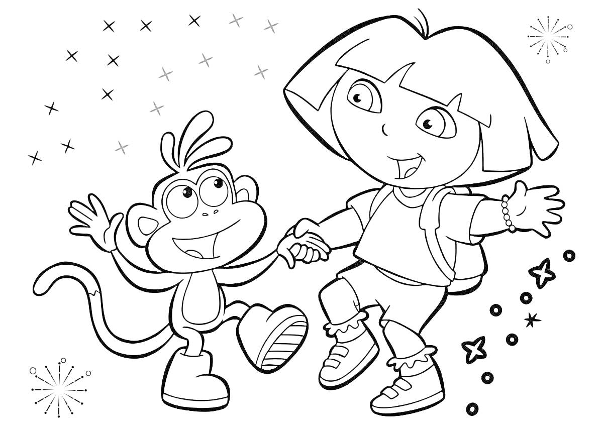 Раскраска Дора и обезьянка танцуют под звездами и фейерверками