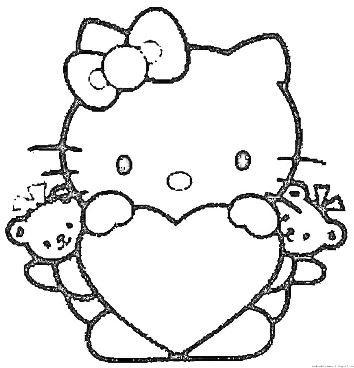 Раскраска Кошечка с бантиком держит большое сердце и двух медвежат с сердечками