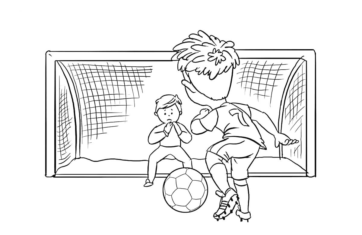 На раскраске изображено: Футбол, Ворота, Игра, Футбольная форма, Спорт, Мальчик