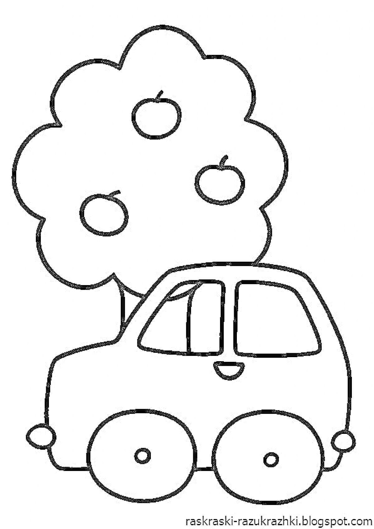 На раскраске изображено: Транспорт, Для малышей, 2-3 года, Природа, Яблоко, Деревья, Игрушки, Авто