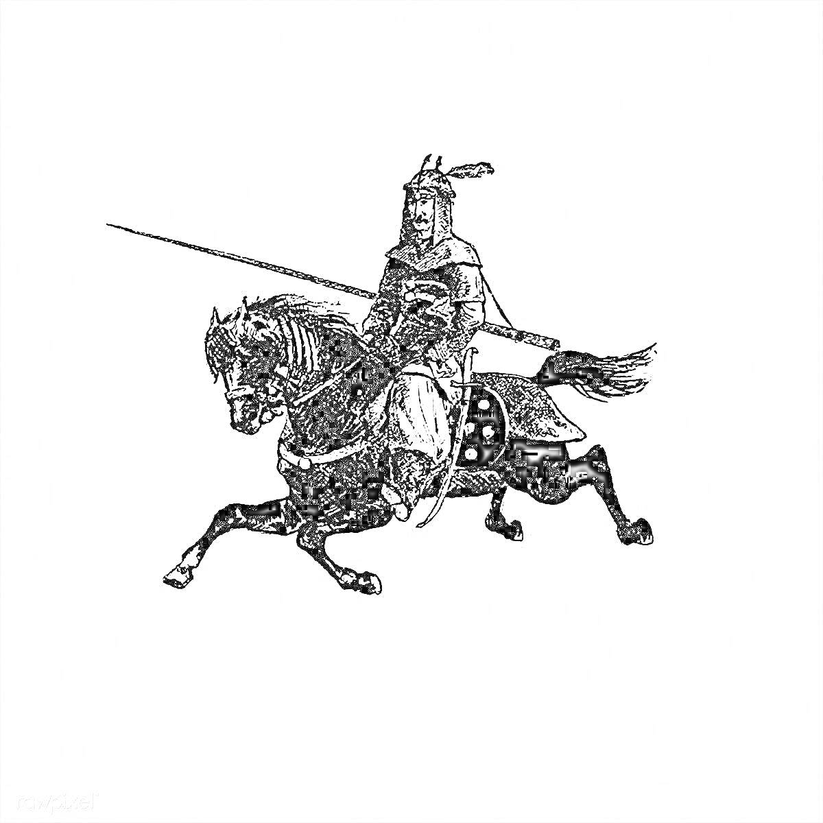 Раскраска Воин-батыр на лошади с копьем и щитом