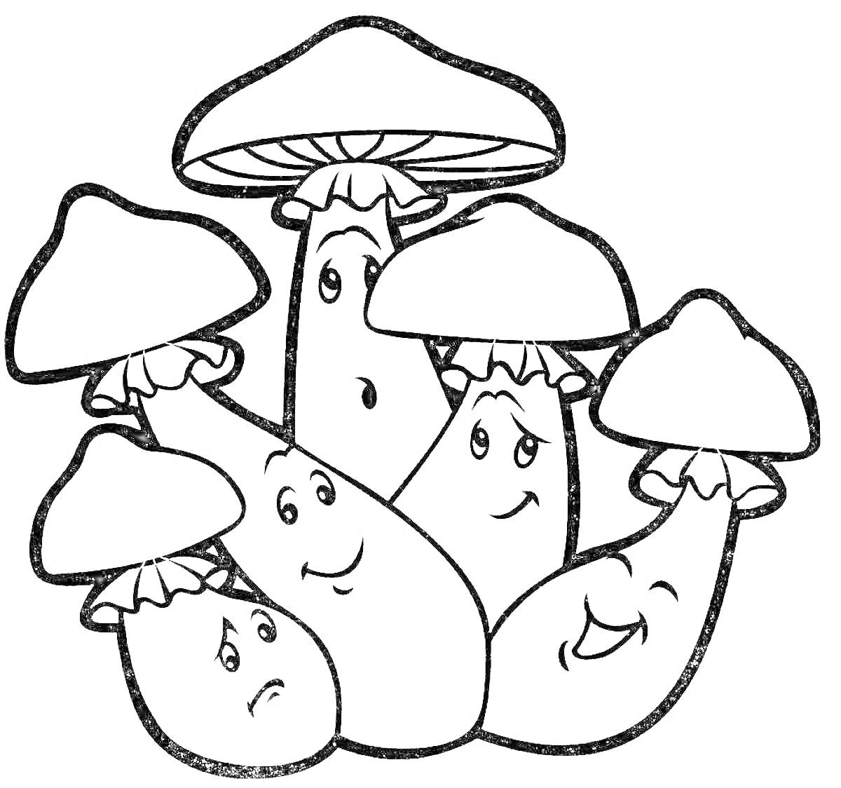 Раскраска Группа грибов с лицами и шляпками разного размера