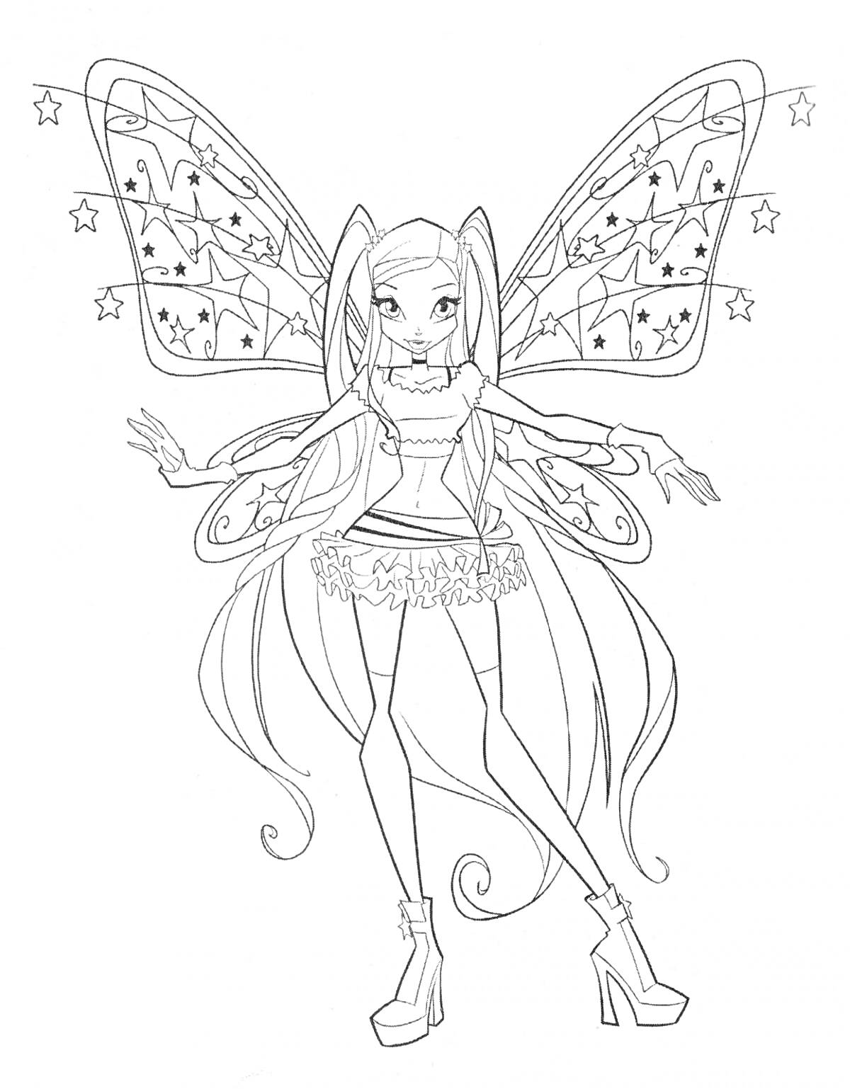 Раскраска Фея с длинными волосами, в одежде с узорами, с крыльями украшенными звездами