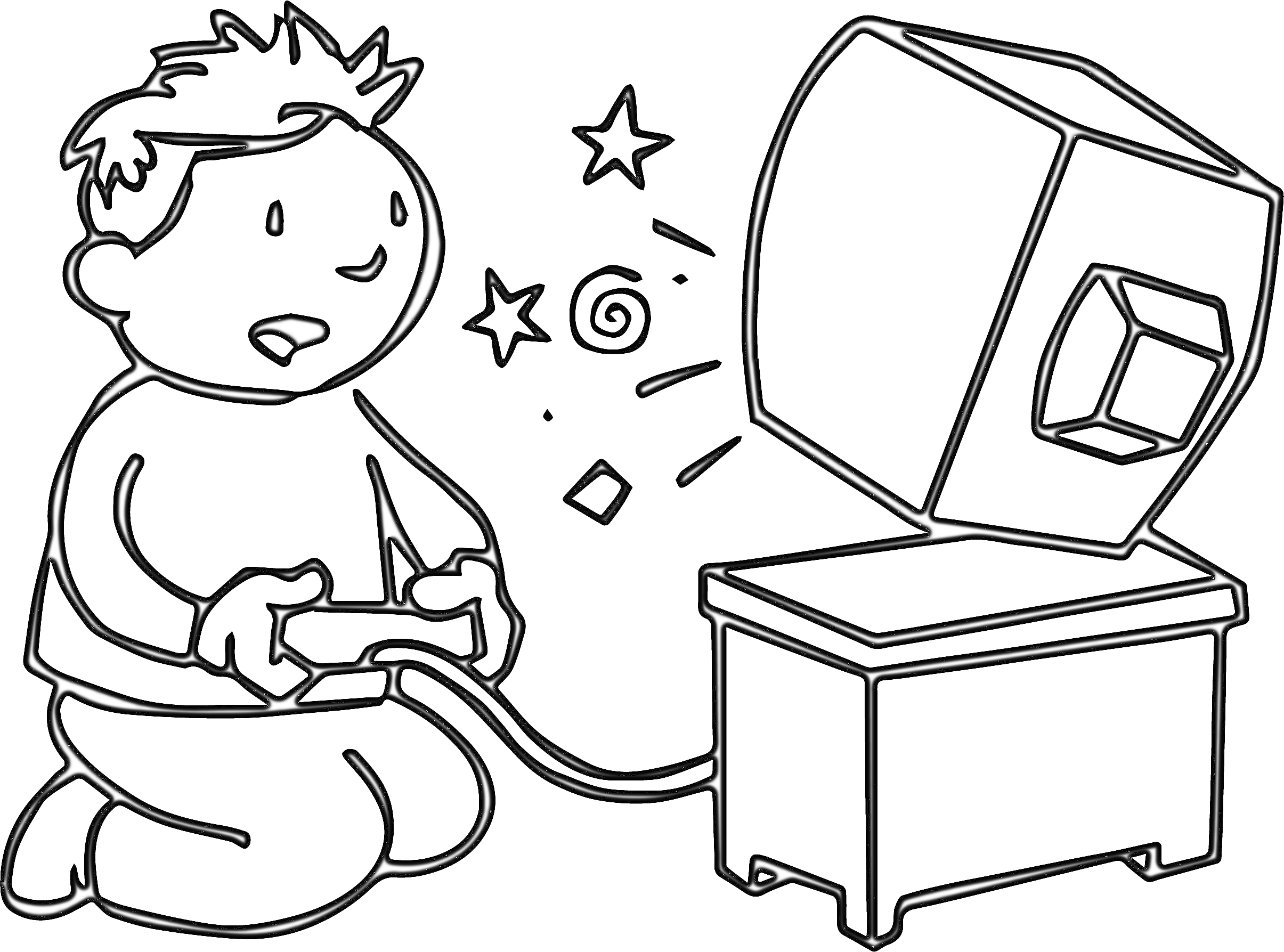 Раскраска ребенок с геймпадом перед компьютером, звезды, спираль и квадраты вокруг ребенка