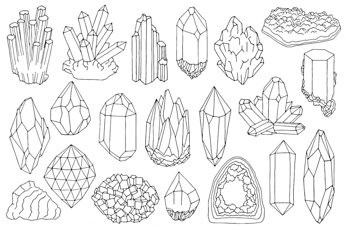 Раскраска Драгоценные камни - коллекция кристаллов и минералов различных форм и размеров